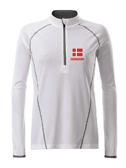 Shirt, lange ærmer og zip, med DK print, hvid - James & Nicholson